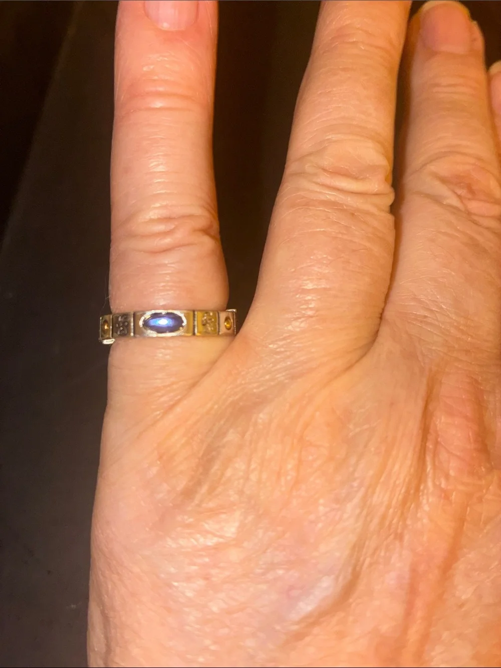 Gold-Tone Stretch Ring with Blue Cabochon Oval Stone